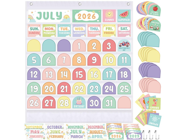Classroom Calendar Pocket Chart, White Pastel, Months Days Dates Back to School Bulletin Board Decor, Seasons Weather Cards, Transparent Pockets...