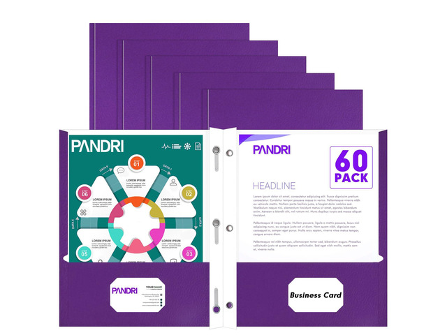 60 Pack Two Pocket Paper Folders with Prongs, Letter Size (Purple) 3 Prong Folders with Pockets, Paper, 3 Hole Punched, For School, Office, Home,...
