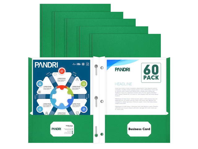 60 Pack Two Pocket Paper Folders with Prongs, Letter Size (Green) 3 Prong Folders with Pockets, Paper, 3 Hole Punched, For School, Office, Home,...