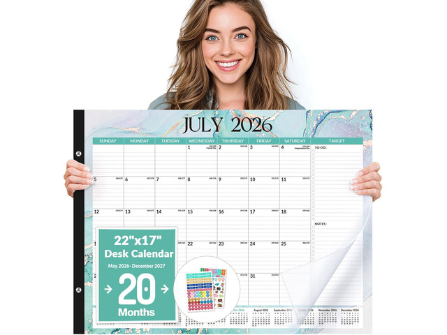 Desk Calendar 2026-2027, 20 Months Calendar May 2026 to Dec 2027 22' x 17' Large 2026 Desk Calendar Monthly Planner with Plastic Cover for Home...