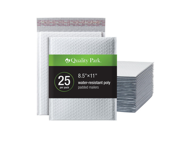 Bubble Mailers, 8.5 x 11 Shipping Envelopes, Water Resistant White Poly Padded Envelopes, Redi-Strip Peel Off Closure, 25/Box (QUA85859)