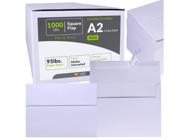 1000 Pcs White A2 Invitation Envelopes, Peel & Press Self Seal, 4 3/8 x 5 3/4 Square Flap, RSVP & Return Envelopes, 95lb. Paper, Perfect for...