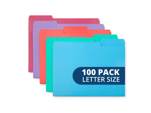 100 File Folders, Letter Size, 1/3 Cut, Gem Tones Durable 11pt, 1/3 Cut Top Tab, Colorful Gem Tones, for Office, School, and Home File Organization