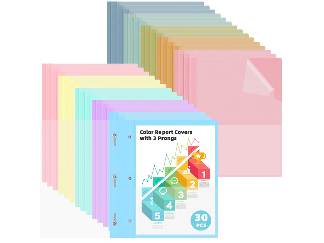 30 Pack Report Covers with 3 Prong Fasteners 10 Colors Clear Front Plastic Folders Letter Size, Presentation Folder for Resumes Proposals and...