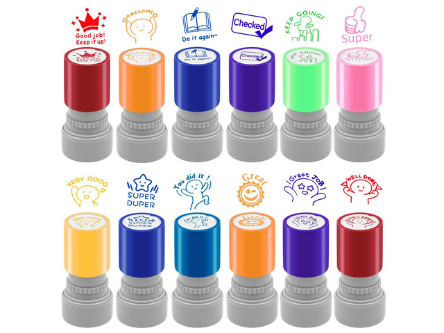 12 Pcs Teacher Stamps for Classroom, Rubber Colorful Stamps Classroom Rubber Stamp for Grading Homework Test Motivation Students Supplies