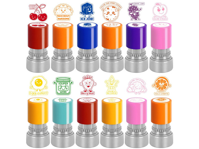 12 Pcs Teacher Stamps for Classroom, Self-Inking Rubber Colorful Stamps Classroom Rubber Stamp for Grading Homework Test Motivation Students Supplies