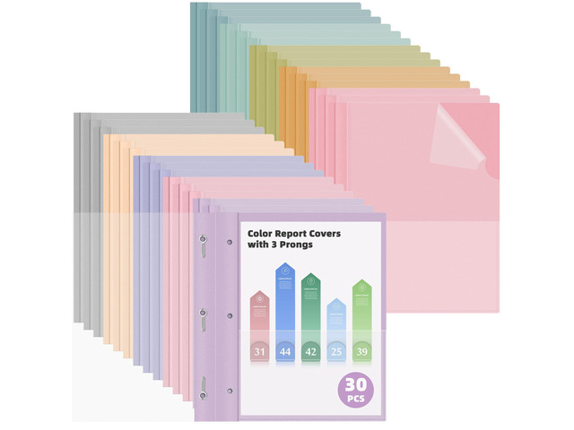Report Covers with 3-Prong Fasteners, 30 Pack, Letter Size Clear Plastic Presentation Folders, 30 Assorted Colors, Fits 8.5x11'' Papers, Ideal for...