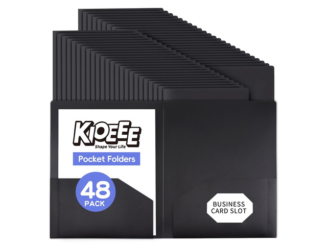 Plastic Folders with Pockets (48 Pack). Heavy Duty Plastic Folders with 2 Pocket and Business Card Slot. Fit Letter Size Paper, Black for School