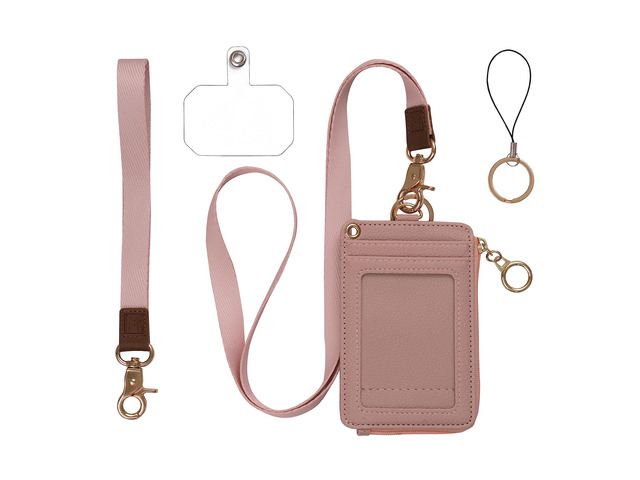 2-in-1 ID Badge Holder Lanyard Wallet - Nude Pink Leather badge holder with lanyard features 5 card slots, clear ID window, phone pocket, key ring,...