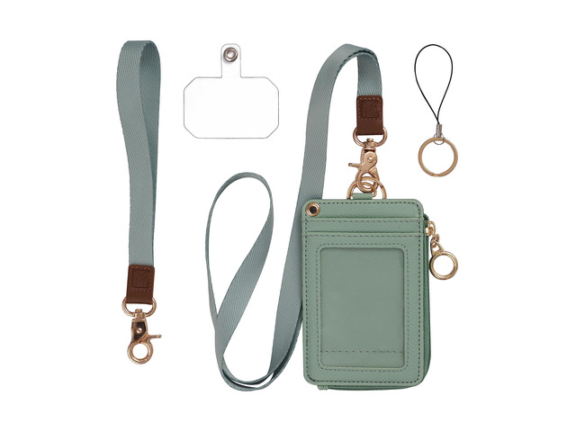 2-in-1 Lanyard Wallet ID Badge Holder - Sage Green Leather badge holder with lanyard features 5 card slots, clear ID window, phone pocket, key...