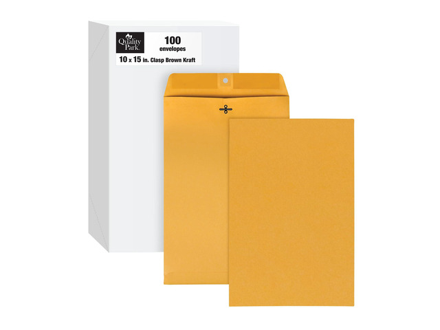 10 x 15 Clasp Envelopes, Clasp and Gummed Closures for Storing or Mailing, Heavy-Duty 32 lb Kraft Paper, 100 per Box (QUA37798)