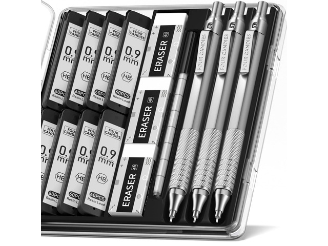 Metal Mechanical Pencil Set with Case, 0.9mm, 3-Pack, Silver 480PCS HB Lead Refills, 3 Erasers+9 Eraser Refills, Anti Grip, for Drafting,...