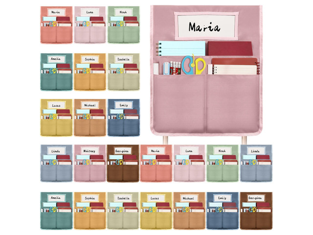 24 Pcs Chair Pockets for Classroom 16.7 x 19.3 inch Seat Sacks with Name Tag for Classroom Chairback Pocket Chart 3 Pockets Chairs Seat Back...