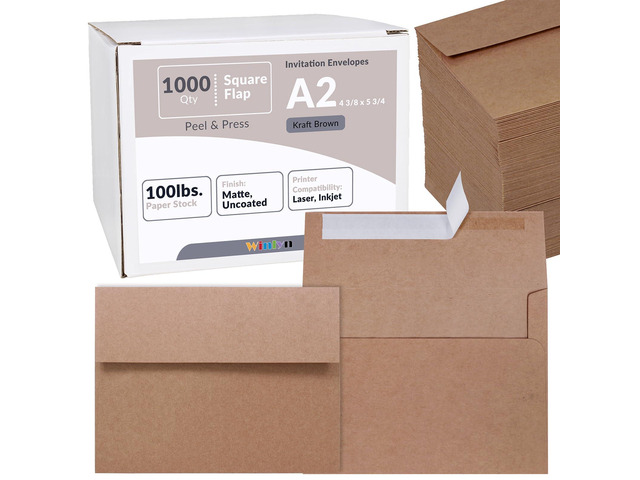 1000 Pcs A2 Invitation Envelopes in Kraft Brown Peel & Press Self Seal 4 3/8 x 5 3/4 Square Flap Envelopes RSVP Return Envelopes 100lb. for...