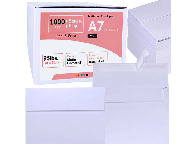 1000 Pcs White A7 Invitation Envelopes 5 1/4 x 7 1/4 Square Flap Envelopes Self Seal 95lb for Wedding Shower Birthday Bussiness Mailing Invitation...