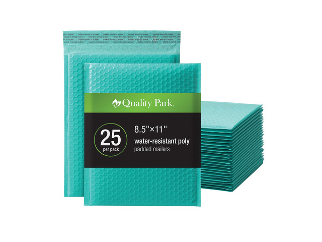 Bubble Mailers, 8.5 x 11 Shipping Envelopes, Water Resistant Teal Poly Padded Envelopes, Redi-Strip Peel Off Closure, 25 Per Box (QUA85860)