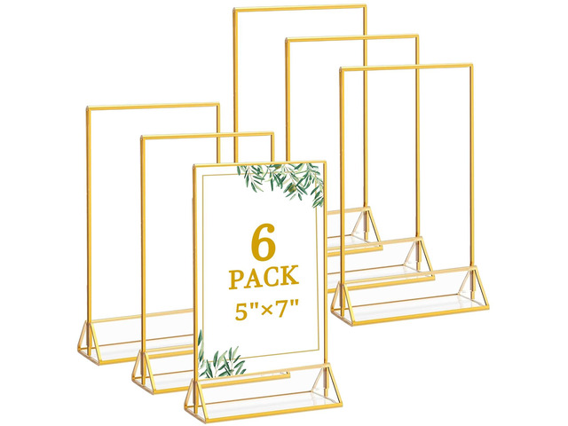 6 Pack 5x7 Inch Clear Acrylic Sign Holders, Double-Sided Gold Display Stand Picture Frames for Table Numbers, Menus, Flyers, Weddings, and Offices