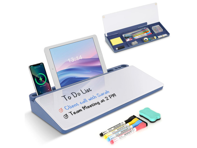 Desktop Glass Whiteboard with Storage, Desk Dry Erase White Board Blue Computer Keyboard Stand, Office Desk Organizers and Accessories with Drawer,...
