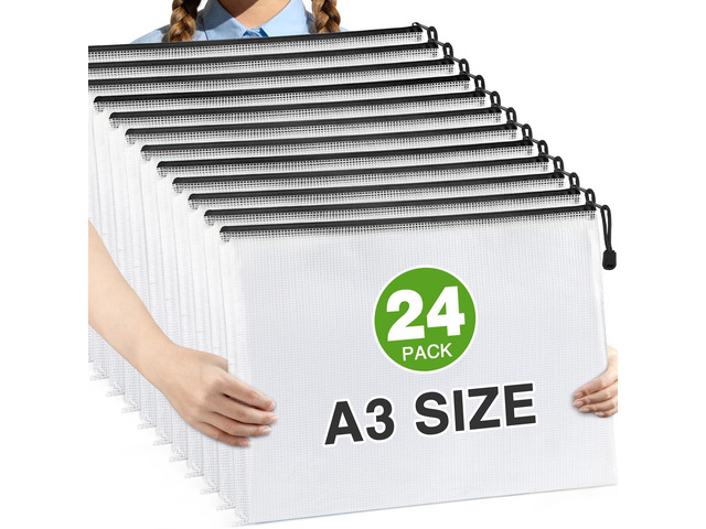 24 Pack A3 Black Mesh Zipper Bags, Large Document Storage Pouches Professional A3 Storage Bags Organize Documents, Files and Contracts; Black...