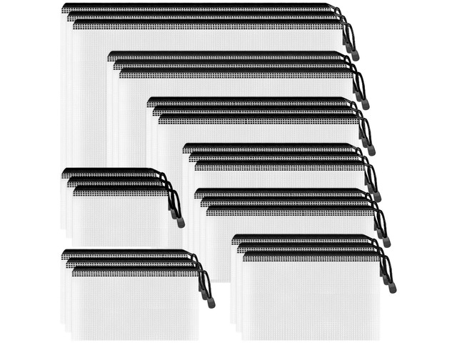 24pcs Mesh Zipper Pouch, 8 Sizes Plastic Zipper Bags for Organizing Multipurpose Waterproof Document Pouches for Office, Travel, Home Board Game...