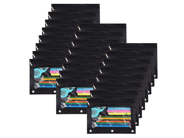 Pencil Pouch for 3 Ring Binder, Binder Pouches with Zipper Bulk, Pen Holder Case with Clear Window School Class Office Organizers, 24 Pack, Black