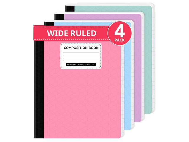 Wide Ruled Composition Notebook 4 Pack School Supplies, 160 Pages Aesthetic Composition Book, 9-3/4' x 7-1/2', 160 Pages (80 Sheets), Perfect for...