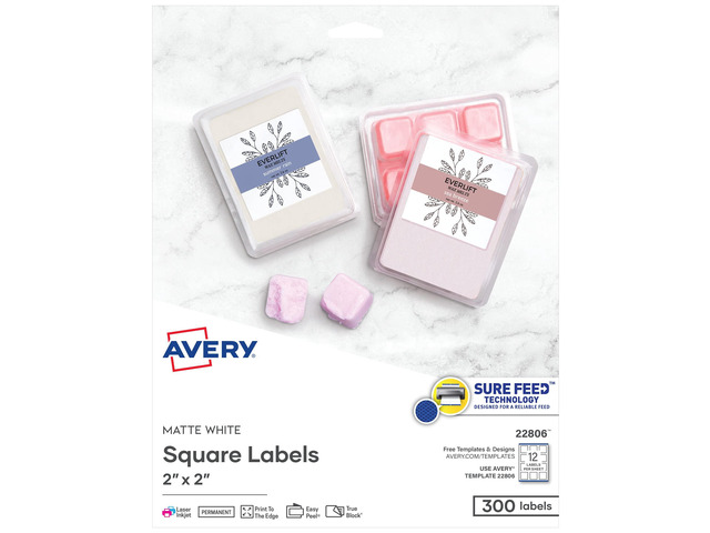 Printable Square Labels, 2' x 2', Matte White, Laser & Inkjet Compatible, 300 Blank Labels per Pack, Great for High-Volume Branding, Packaging,...