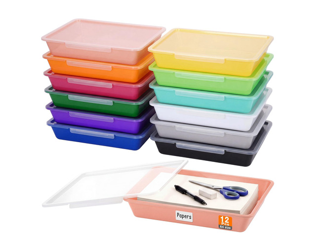 12 Pcs Classroom Paper Storage Bins with Clear Latching Lid, Label Stackable Letter Size Flat Tray Container for Teacher Back to School Supplies...
