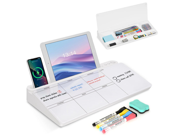 Desktop Glass Whiteboard with Storage, Weekly Calendar Desk White Board Computer Keyboard Stand, Office Desk Organizers and Accessories with...