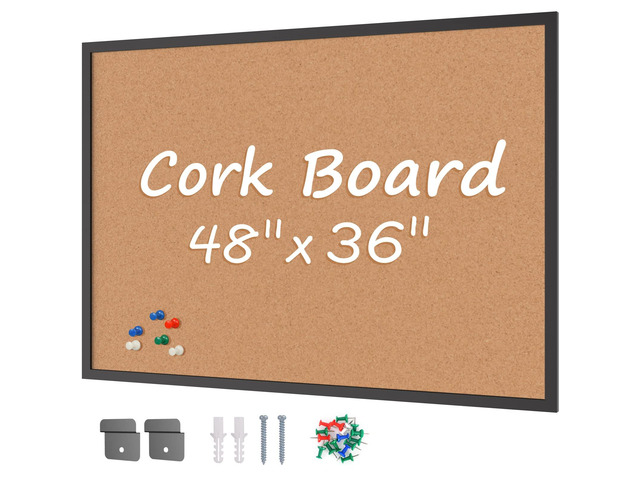 Cork Board Bulletin Board 36 x 48, Black Wood Framed 4x3 Corkboard, Office Board for Wall Cork, Large Wall Mounted Notice Pin Board with 18 Push...