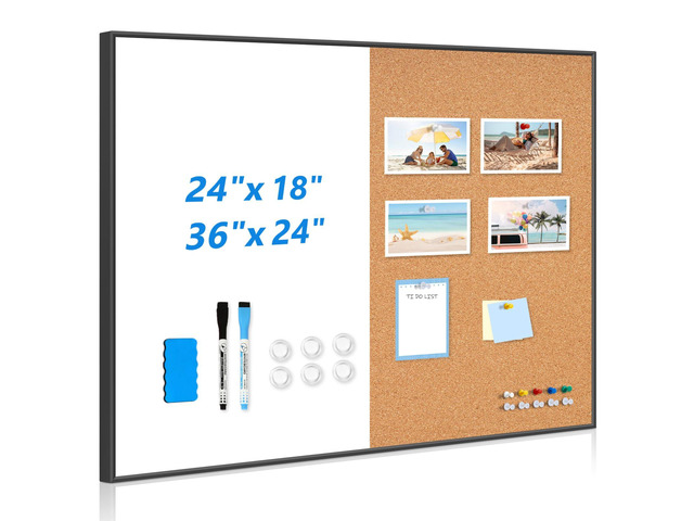 Magnetic Dry Erase White Board & Cork Board Combo, 36'x24', Wall Mounted Black Aluminum Frame, Dry Erase Board and Cork Bulletin Board, Vision...