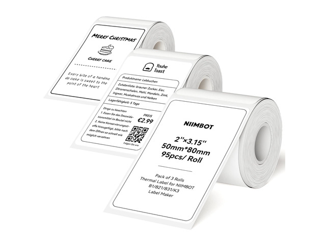 Thermal Label Tape 50×80mm 95 Labels/Roll, 3 Packs White Compatible for B1 B2 B21 B31 B3S K3 B4, 50×80mm (1.96'' x 3.14''), Waterproof Labeling...