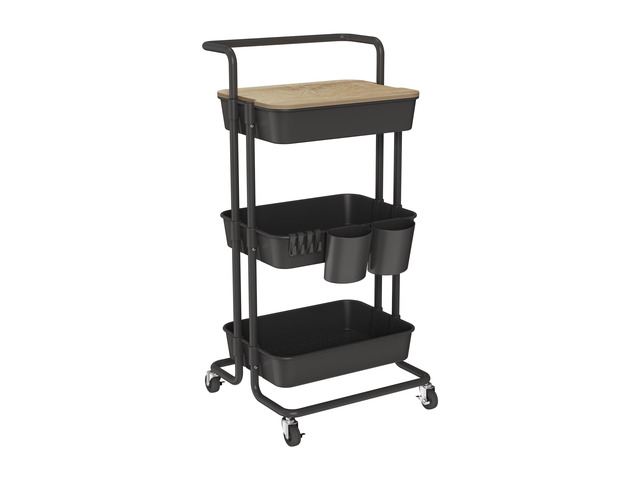 3 Tier Rolling Cart Uility Cart with Cover Board, Mobile Storage Cart with Wheels, Cups, Hooks for Office Utility Kitchen Bathroom Homeschool Art...
