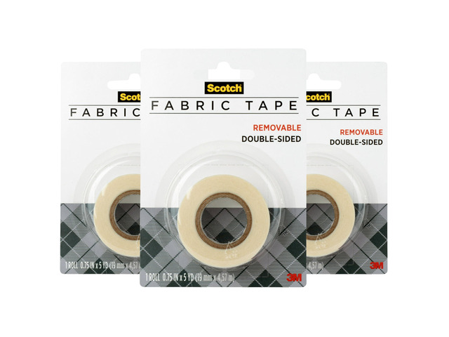 Removable Fabric Tape, 3/4 in x 180 in (15 ft), 3 Rolls Double-Sided No-Sew Tape for Temporary Fabric Hems, Clothing Fixes, Costumes, Curtains,...