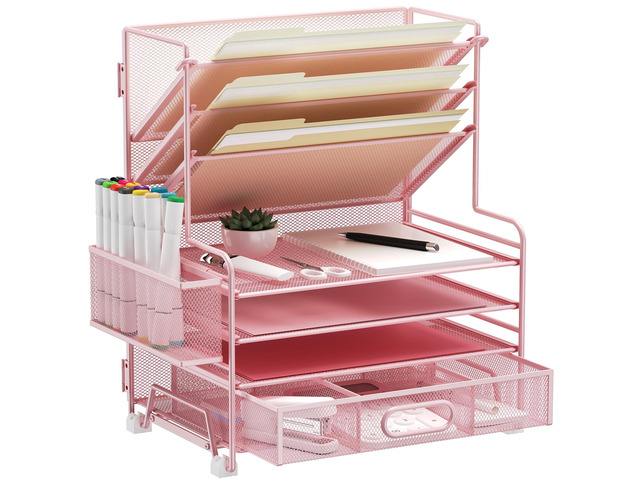 4-Tier Paper Organizer + 3-Pocket File Holder + Drawer + Pen Holders, Desktop File Organizers Paper Tray for Office Supplies School Classroom...