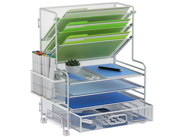 4-Tier Paper Organizer + 3-Pocket File Holder + Drawer + Pen Holders, Desktop File Organizers Paper Tray for Office Supplies School Classroom...