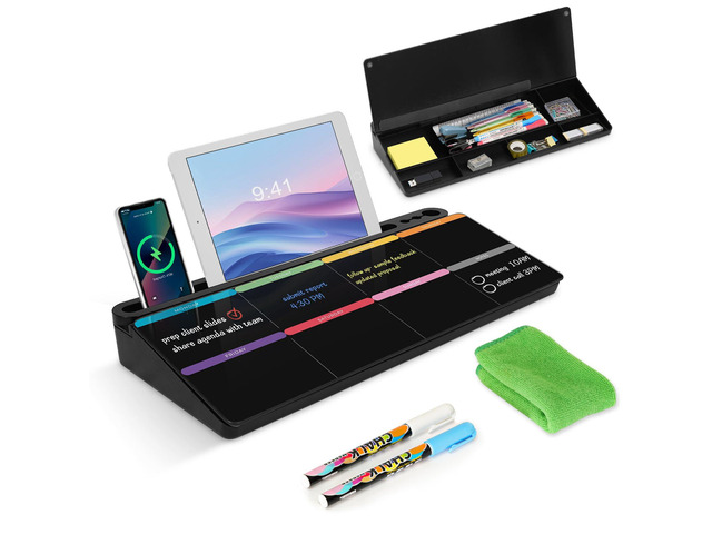 Desktop Glass Whiteboard with Storage, Weekly Calendar Desk White Board Computer Keyboard Stand, Office Desk Organizers and Accessories with...