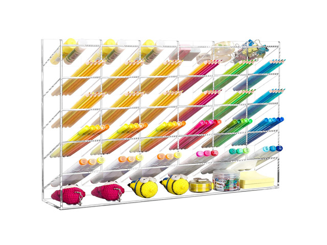 Acrylic Vertical Marker Organizer for 375 Markers, Desk Orgaizer 31 Compartments Clear Angled Pen & Pencil Holder, Large Stationery & Art Supply...