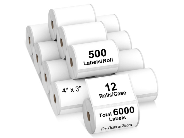 12 Rolls 4' x 3' Direct Thermal Labels for Barcodes Postage Address Shipping Compatible with Rollo & Zebra Desktop Printers Adhesive - 500 Labels/Roll