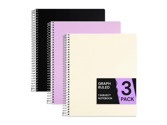 1 Subject Graph Paper Spiral Notebook 3 Pack, 200 Pages 100 Sheets, 9 x 11 in, Waterproof Plastic Cover, Durable, 3-Hole Punched, Divider,...