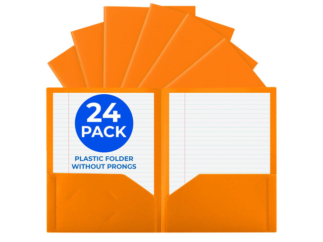 24 Pack Orange Plastic Folders with Pockets Heavy Duty. 2 Pocket Folder no Prongs Bulk. Tear-Resistant Letter Size 8.5x11. Presentation Ready...