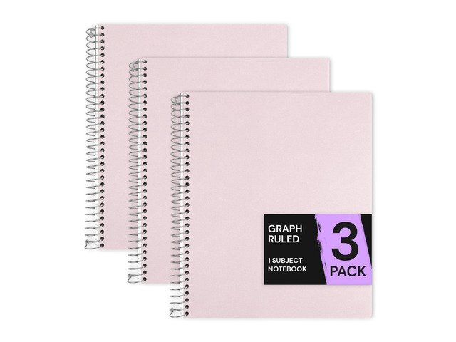 Pink 1 Subject Graph Paper Spiral Notebook 3 Pack, 200 Pages 100 Sheets, 9 x 11 in, Waterproof Plastic Cover, Durable, 3-Hole Punched, Divider,...