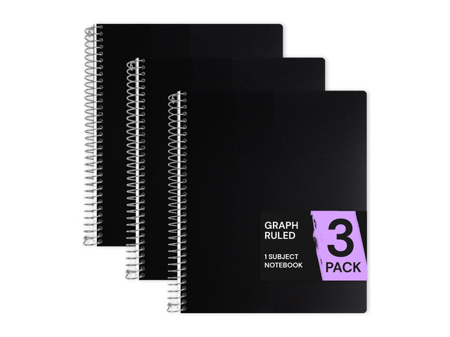 1 Subject Graph Paper Spiral Notebook 3 Pack, 200 Pages, Black 100 Sheets, 9 x 11 in, Waterproof Plastic Cover, Durable, 3-Hole Punched, Divider,...