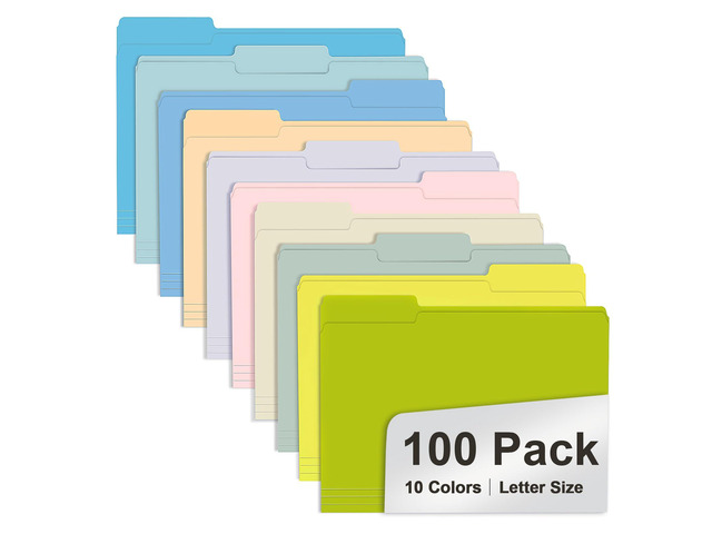File Folder, 100 Pack Colored File Folders, 1/3 Cut Tab File Folder Letter Size, Filing Folders with Tabs for Office School Business Use, Assorted...