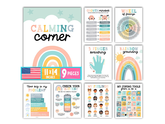 9 Calming Corner Classroom Must Haves, Coping & Feelings Poster for Kids Calm Corner Posters with Emotions Chart, School Counselor Mental Health...