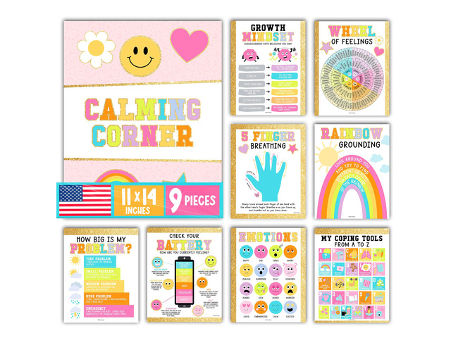 9 Calming Corner Classroom Must Haves, Coping & Feelings Poster for Kids Calm Corner Posters with Emotions Chart, School Counselor Mental Health...