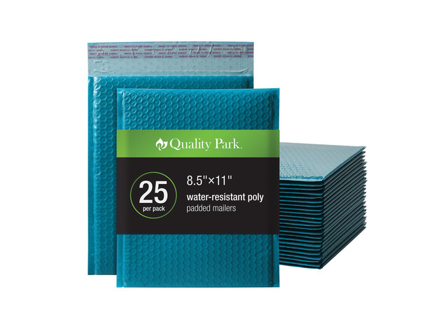 Bubble Mailers, 8.25 x 11 Shipping Envelopes, Water Resistant Blue Poly Padded Envelopes, Redi-Strip Peel Off Closure, 25/Box (QUA85867), Letter