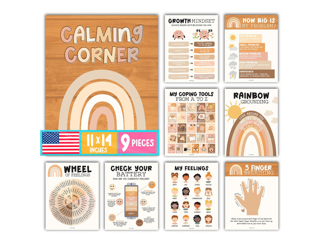 9 Calming Corner Classroom Must Haves, Coping & Feelings Poster for Kids Calm Corner Posters with Emotions Chart, School Counselor Mental Health...