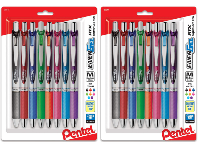 EnerGel RTX Retractable Liquid Gel Pen, (0.7mm) Metal Tip, Medium Line,Assorted Ink, 8 count (BL77BP8M1), (Pack of 2)