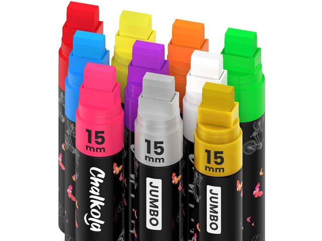 Car Window Markers - 15mm Jumbo, 10 Chalk Pens (w/Gold, Silver) 3 in 1 Nib, 15mm Fat Tip - Washable Liquid Chalk Markers for Blackboard,...